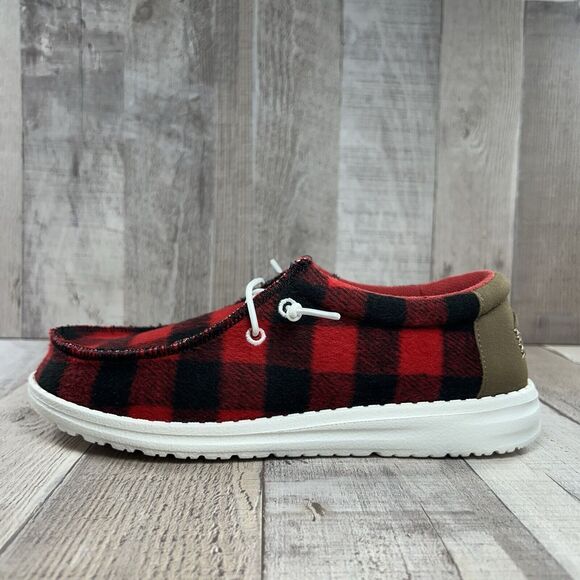 Hey Dude Wally Youth Size 2 Buffalo Plaid Slip On Loafer Sneaker Shoes Red Black - Picture 6 of 11